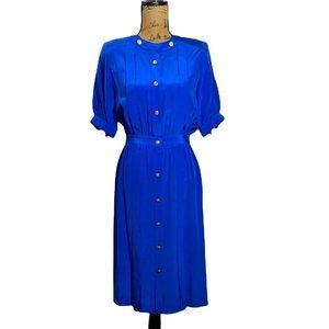 Claudia & Marc 10 Vintage Dress Royal Blue Pleated Shoulder Pad Gold Button
